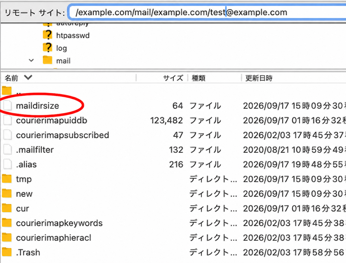 FTPソフトでメールアカウントフォルダ内のmaildirsizeファイルを確認している画面